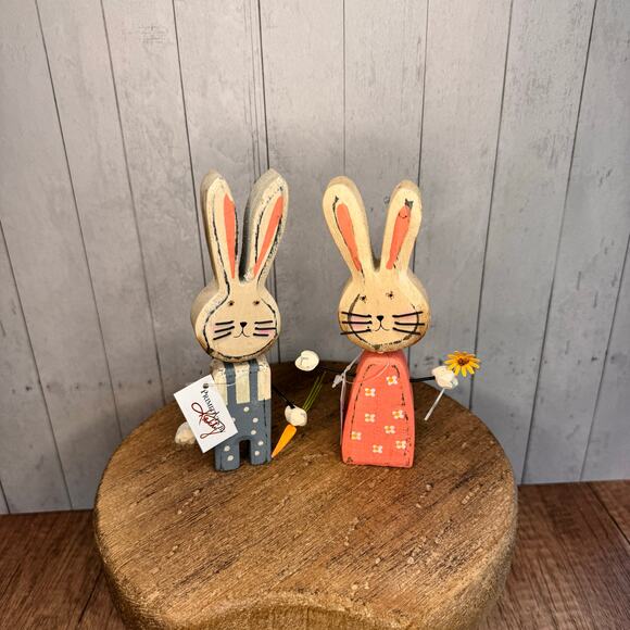 Bunny Set Wood Bunny Home Decor Easter Gift Set of 2 - Picture 1 of 7